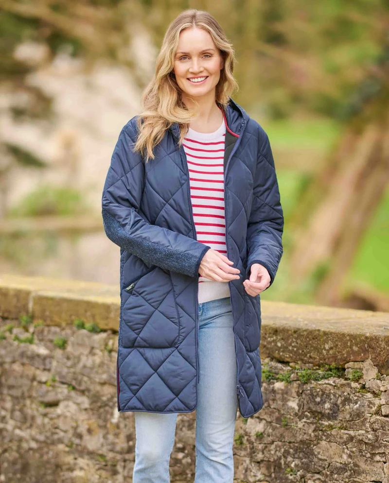 Damen Steppmantel "Perth Polar" mit Polar Fleece und Harris Tweed Applikationen in navy