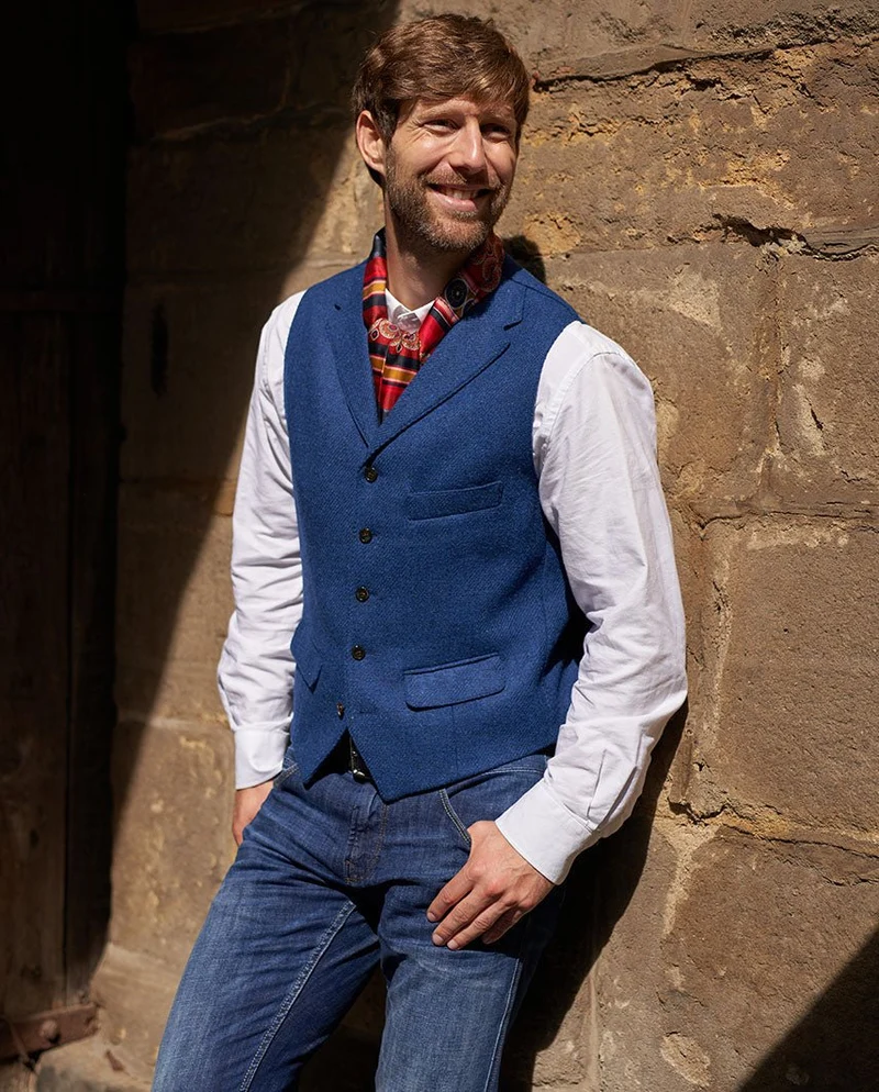 Wales - blaue Harris Tweed Weste mit Kragen