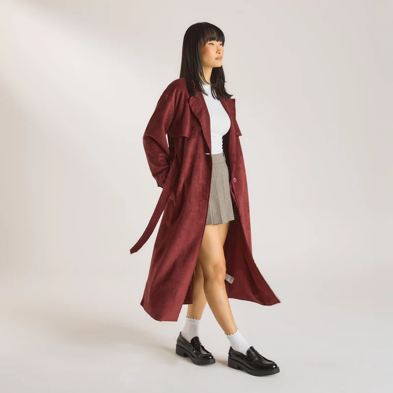 Veloursleder-Trenchcoat - Burgunderrot