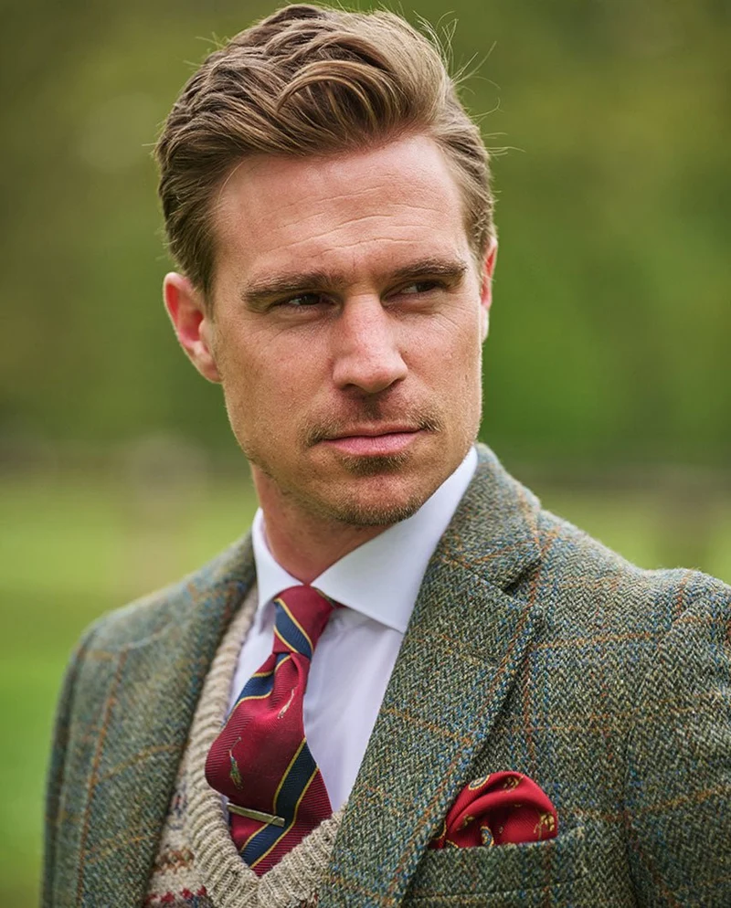 Harris Tweed Sakko "London" in oliv-blue Overcheck