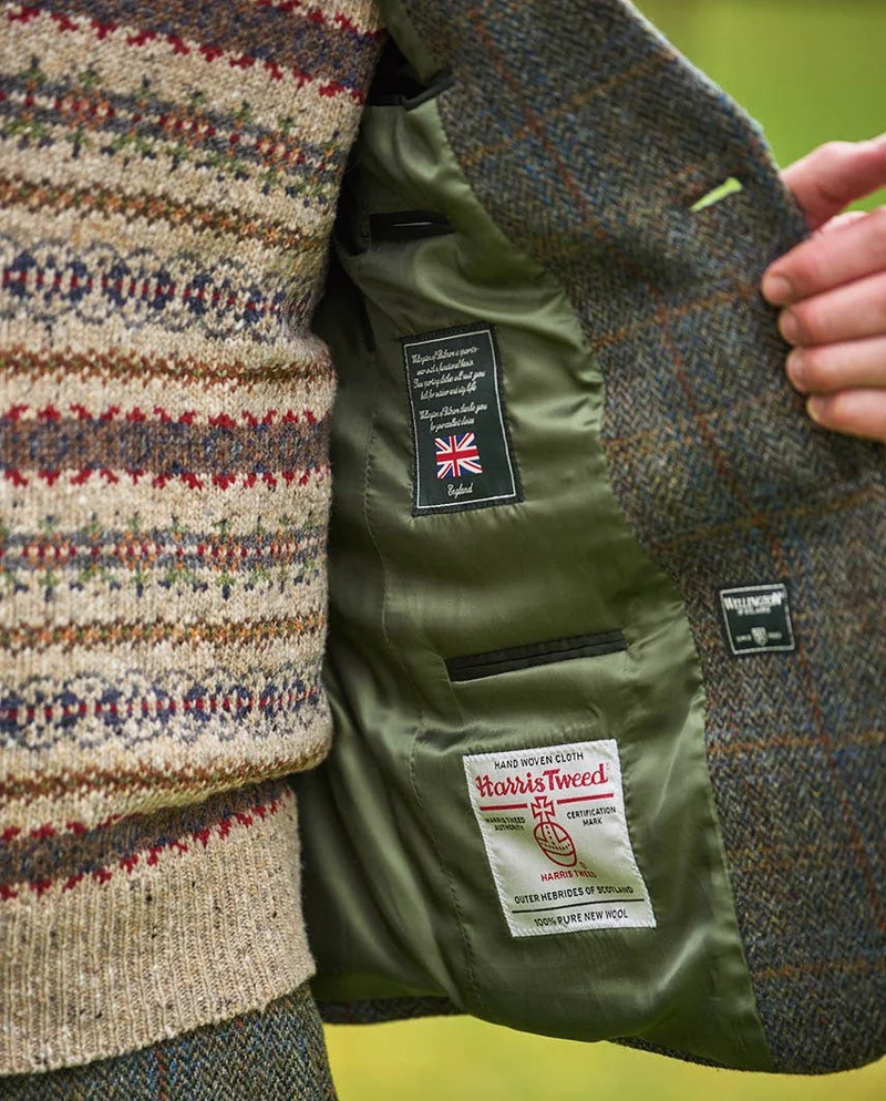 Harris Tweed Sakko "London" in oliv-blue Overcheck