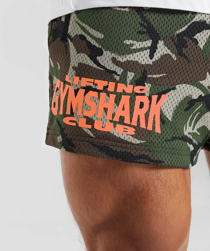 Gymshark Lifting Club Printed Mesh 5" Shorts - Winter Olive