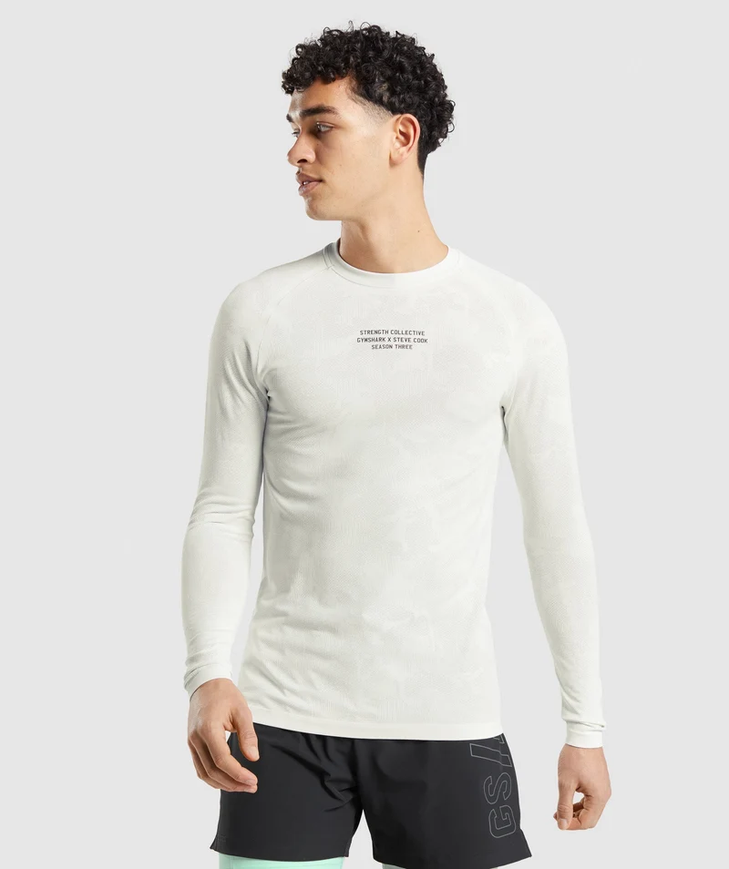 Gymshark Steve Cook Long Sleeve Seamless T-Shirt - Off White/Light Grey