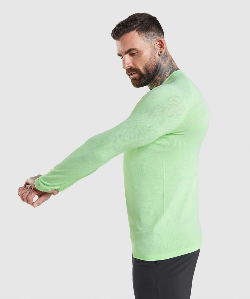 Gymshark Geo Seamless Long Sleeve T-Shirt - Bali Green/White