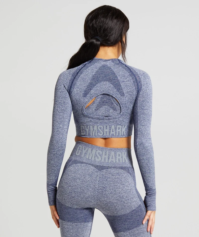 Gymshark Flex Sports Long Sleeve Crop Top - Navy Marl/Light Grey