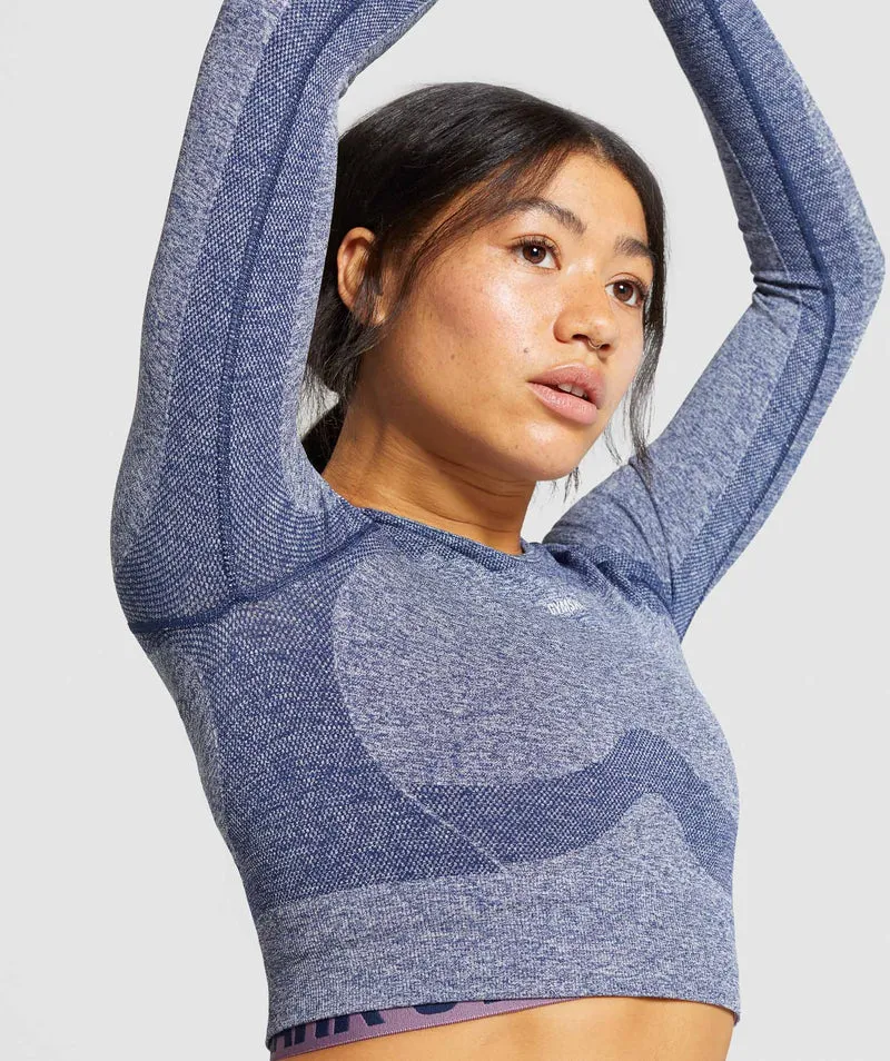 Gymshark Flex Sports Long Sleeve Crop Top - Navy Marl/Light Grey