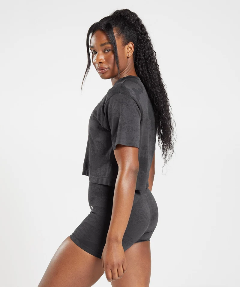 Gymshark Adapt Camo Seamless Crop Top - Black/Onyx Grey