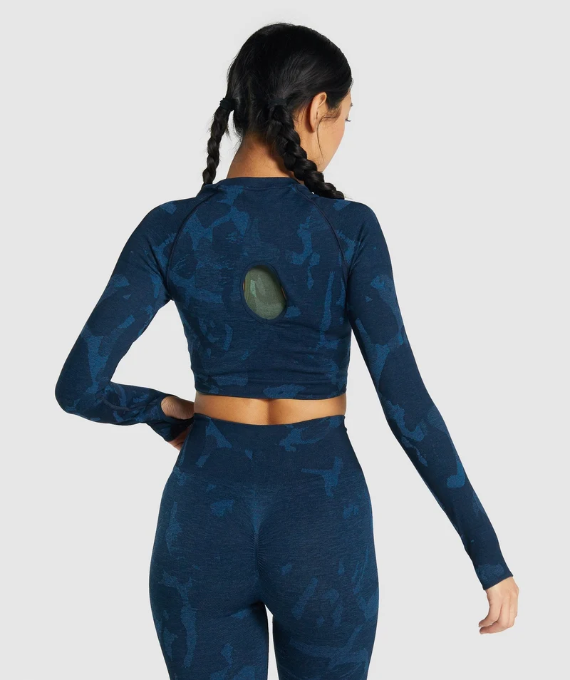 Gymshark Adapt Camo Seamless Long Sleeve Crop Top - Savanna | Navy