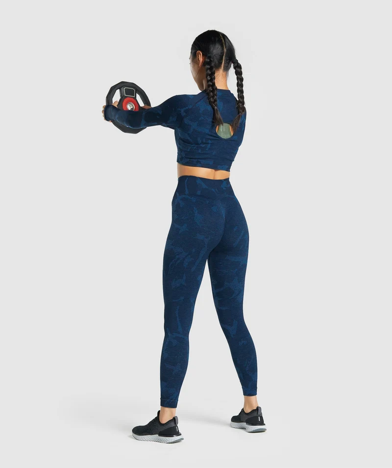 Gymshark Adapt Camo Seamless Long Sleeve Crop Top - Savanna | Navy