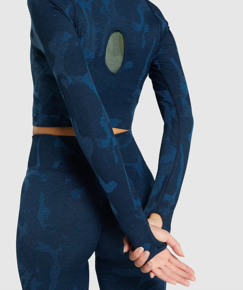 Gymshark Adapt Camo Seamless Long Sleeve Crop Top - Savanna | Navy