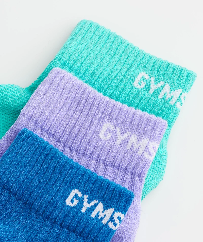 Gymshark Jacquard Quarter Socks 3Pk - Aqua Blue/Digital Violet/Meridian Blue