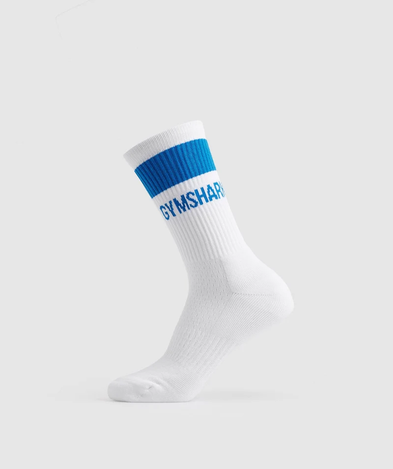 Gymshark Premium Jacquard Single Socks - White/Meridian Blue