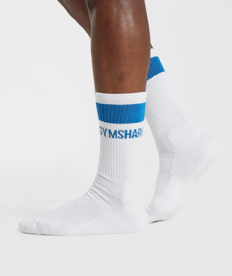Gymshark Premium Jacquard Single Socks - White/Meridian Blue