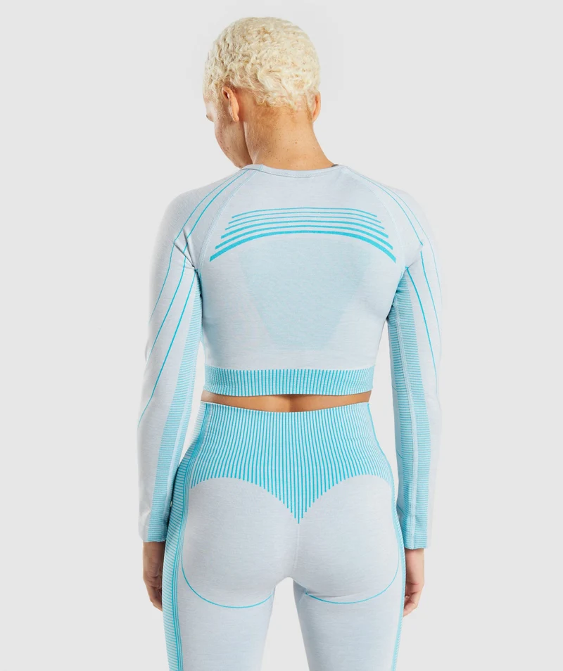 Gymshark Hyper Amplify Long Sleeve Crop Top - Light Grey Marl/Light Teal