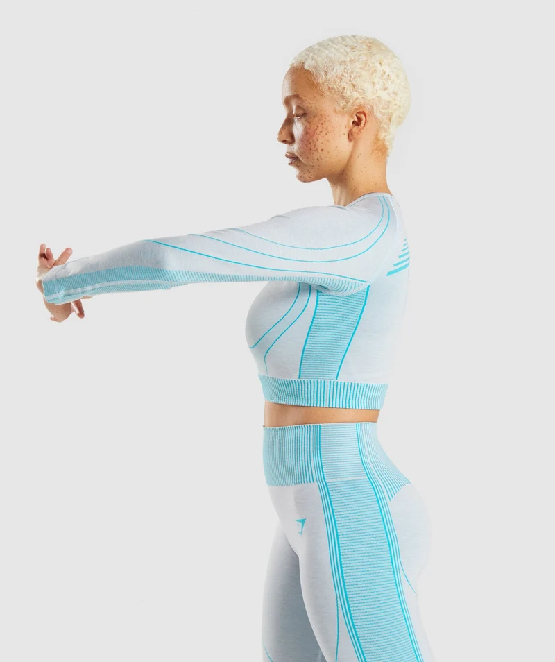 Gymshark Hyper Amplify Long Sleeve Crop Top - Light Grey Marl/Light Teal