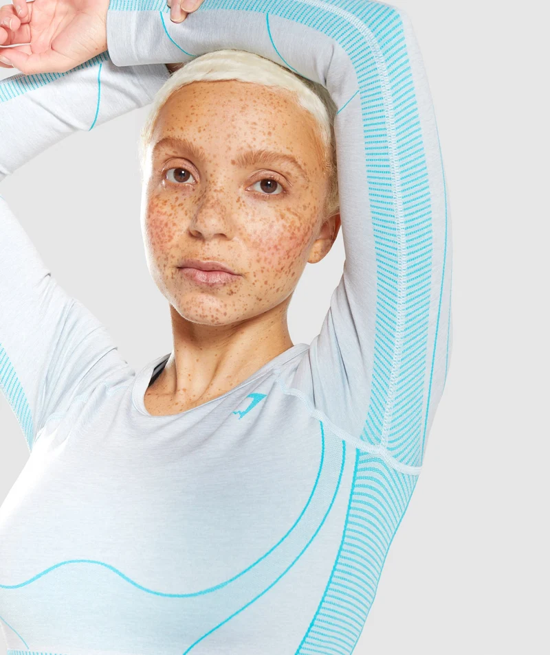 Gymshark Hyper Amplify Long Sleeve Crop Top - Light Grey Marl/Light Teal