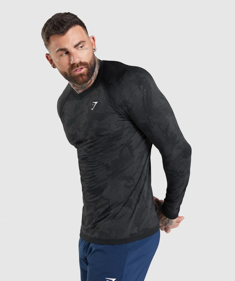 Gymshark Geo Seamless Long Sleeve T-Shirt - Black/Charcoal Grey