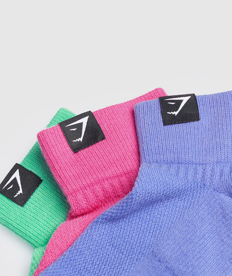 Gymshark Woven Tab Quarter Socks 3pk - Fuchsia/Blue/Grape Blue