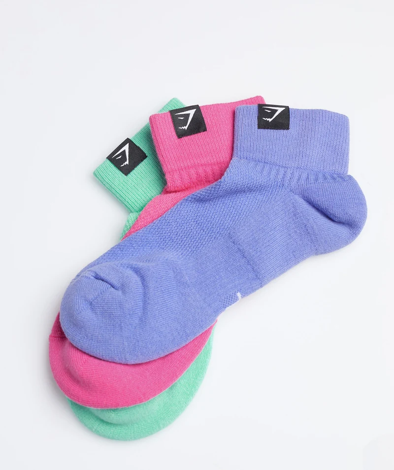 Gymshark Woven Tab Quarter Socks 3pk - Fuchsia/Blue/Grape Blue