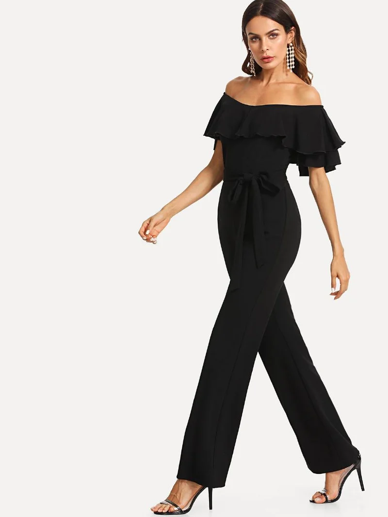 Flounce Off Shoulder Self Tie Jumpsuit