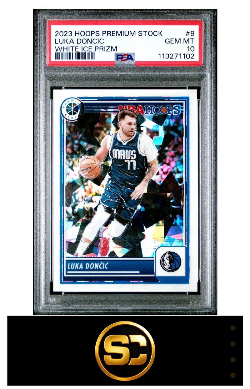 Luka Doncic 2023-24 Hoops Premium Stock White Ice Prizm /25 PSA 10